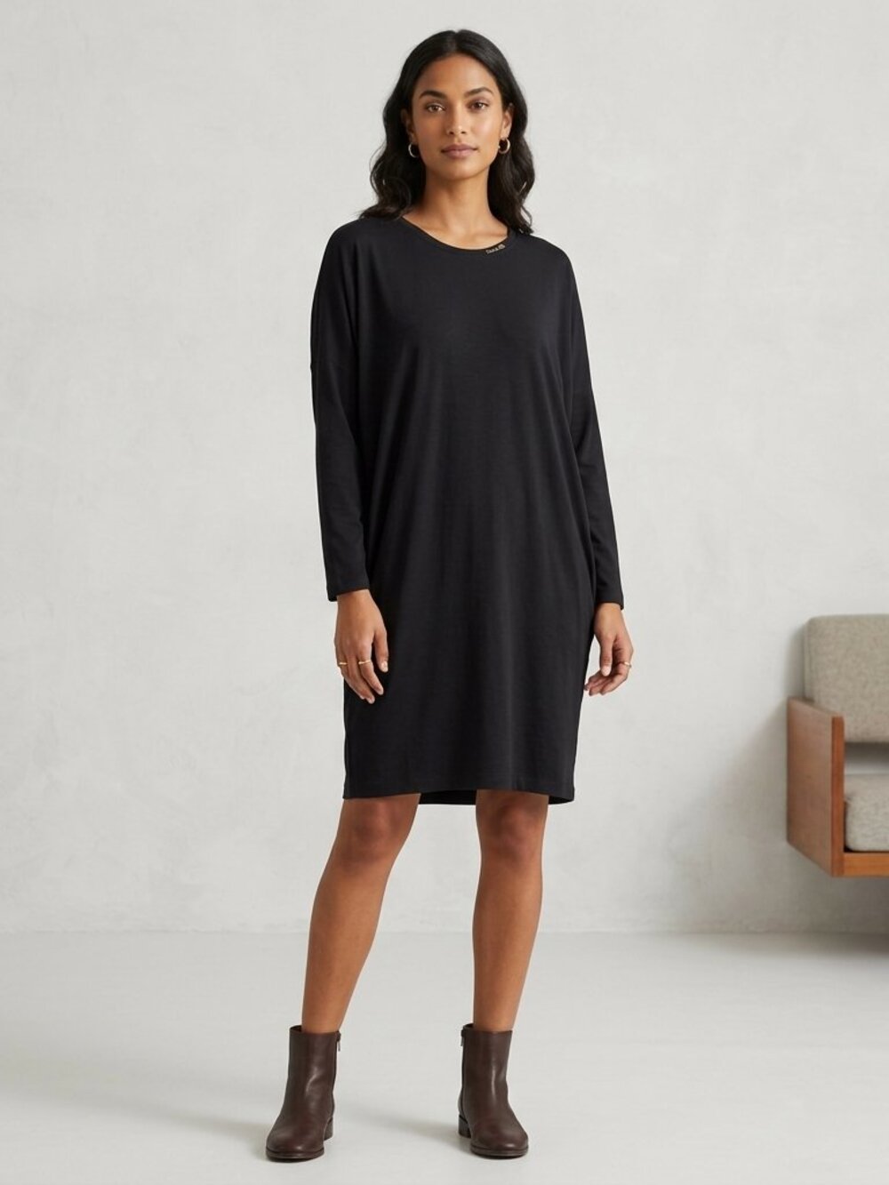Kowtow Building Block Black Oversized Long Sleeve Mini Dress Tunic Sz XS